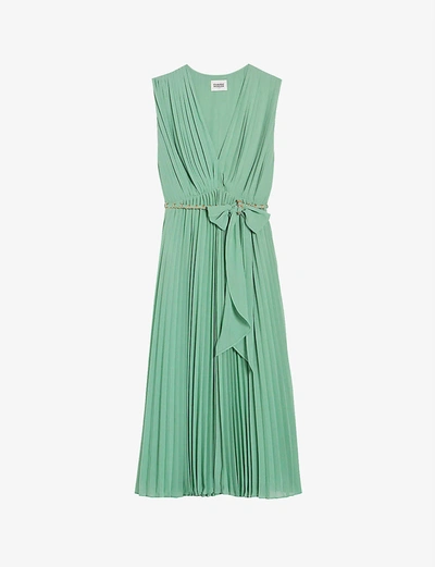 Claudie Pierlot Roxy Chain-belted Pleated Crepe Midi Dress In Verts |  ModeSens