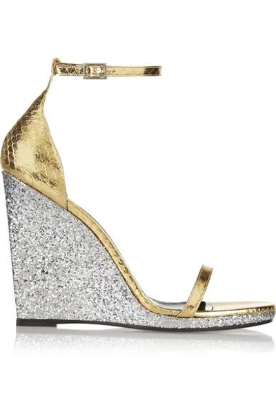Saint Laurent Jane Glitter-trimmed Metallic Elaphe Wedge Sandals In Gold