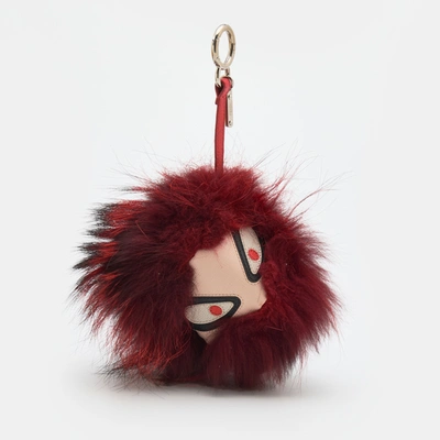 Pre-owned Fendi Red Fur Bag Bugs Leather Key Chain / Bag Charm