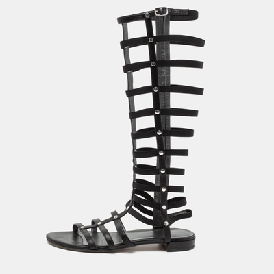 Pre-owned Stuart Weitzman Black Leather Flat Gladiator Sandals Size 38