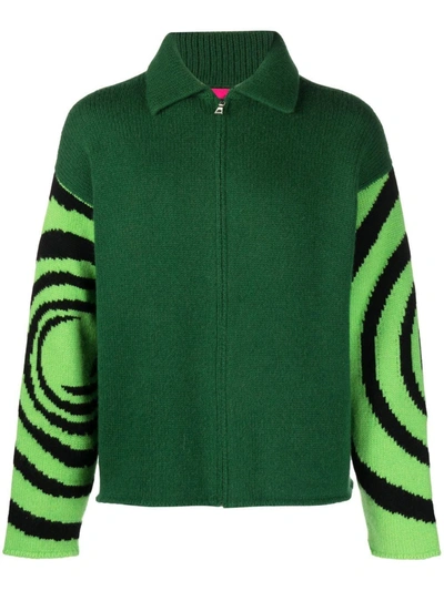 The Elder Statesman Bouclé-trimmed Intarsia Cashmere Zip-up Sweater In Dark Green