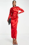 Asos Design Satin High Drape Neck Maxi Dress With Long Sleeves In Red