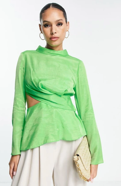 Topshop Premium Long Sleeve Draped Cut Out Top In Lime-green