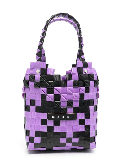 Marni Kids' Calf-leather Dogtooth Basket Bag In Purple