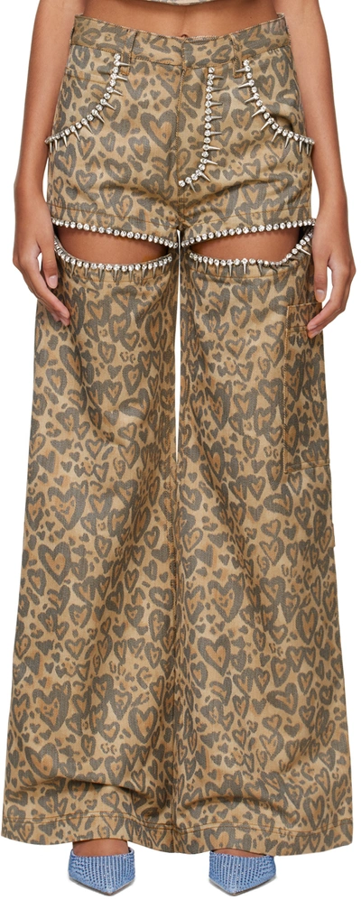 Area Heart Leopard Print Crystal Trim Cutout High Waist Wide Leg Jeans In Brown