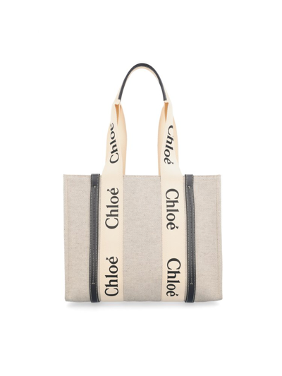Chloé Woody Logo Printed Medium Tote Bag In Beige