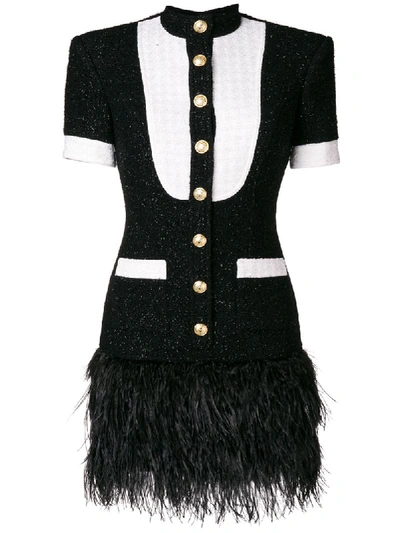 Balmain Feather-trimmed Metallic Wool-blend Tweed Mini Dress In Black/white