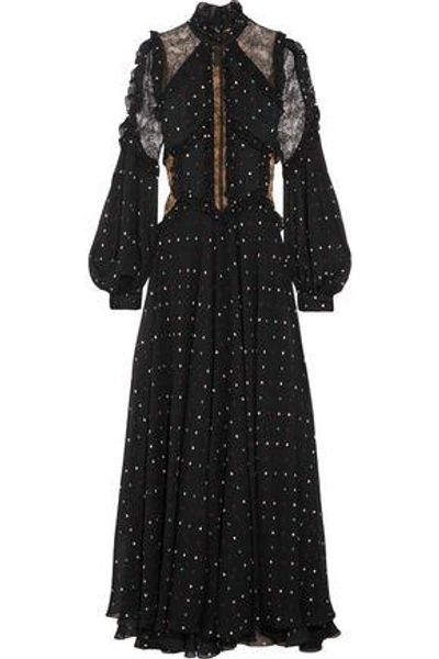 Elie Saab Lace-paneled Polka-dot Silk-blend Chiffon Gown In Black