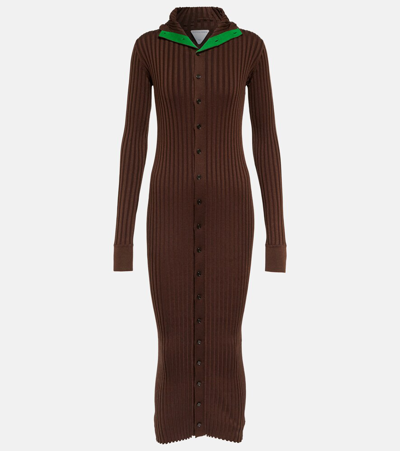 Bottega Veneta Hooded Ribbed-knit Silk-blend Dress In Brown