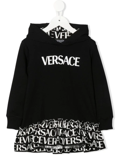 Versace Baby Logo Hooded Cotton-blend Dress In Nero+bianco