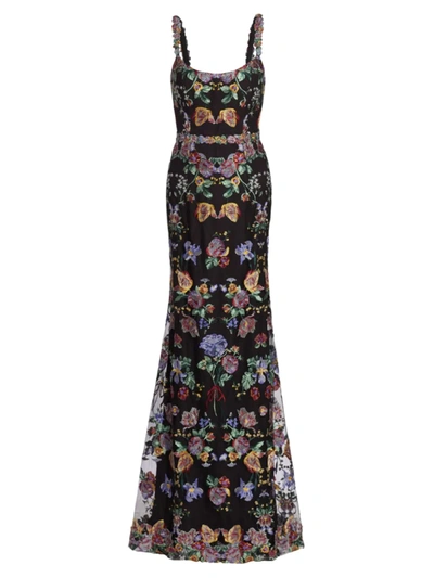 Marchesa Notte Colour-block Floral-embroidered Gown In Black