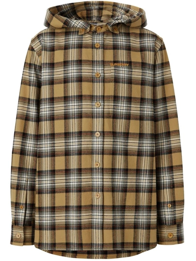 Burberry Hooded Check Cotton Flannel Button-down Shirt In Beige