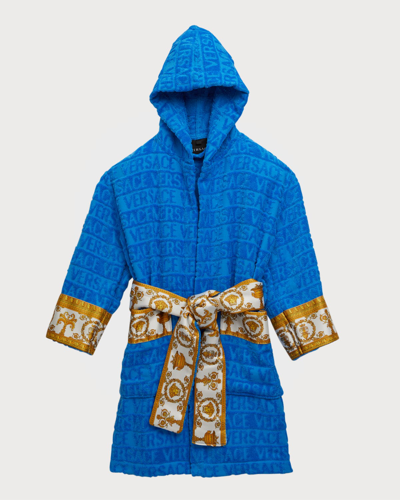 Versace Little Kid's & Kid's Logo Print Hooded Bathrobe In Blue