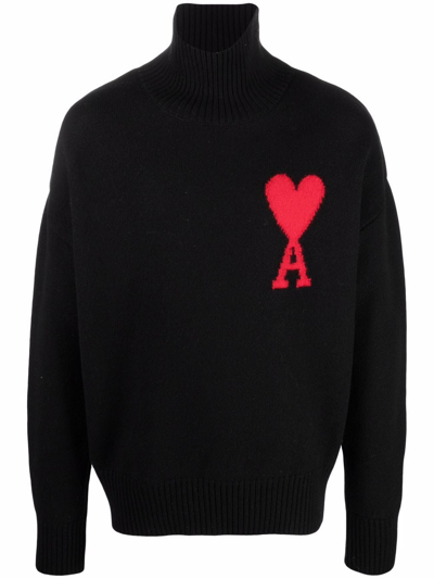 Ami Alexandre Mattiussi Logo-intarsia Roll-neck Wool Jumper In Black