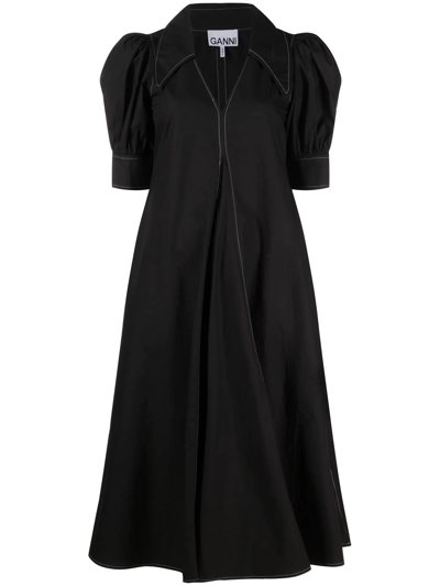 Ganni Puff-sleeved Box-pleat Dress In Black