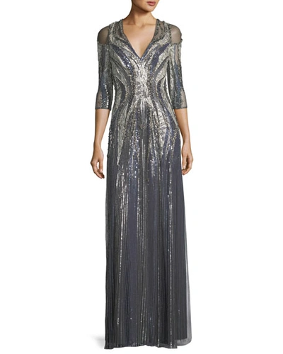 Jenny Packham V-neck Half-sleeve Beaded And Lace Column Gown In Charcoal