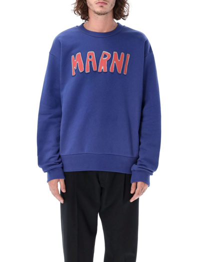Marni Logo-appliqué Crew-neck Sweatshirt In Blue