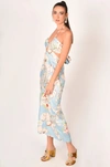 Akalia Floral Satin Silk Backless Midi Dress In Blue