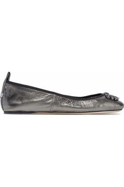 Jimmy Choo Crystal-embellished Metallic Leather Ballet Flats In Gunmetal