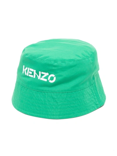 Kenzo Kids' Reversible Printed Bucket Hat W/ Logo In Green,multi