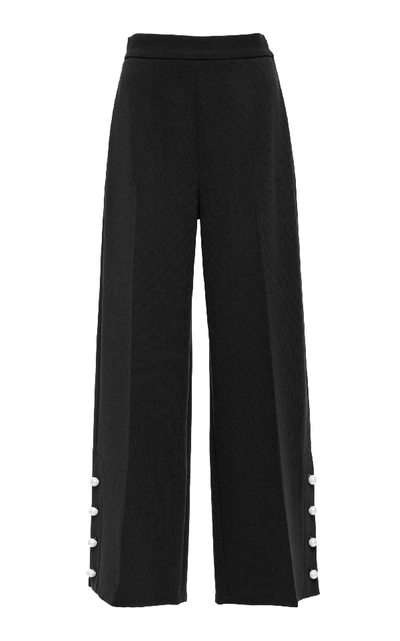 Lela Rose Cropped Faux Pearl-embellished Wool-blend Crepe Wide-leg Pants In Black