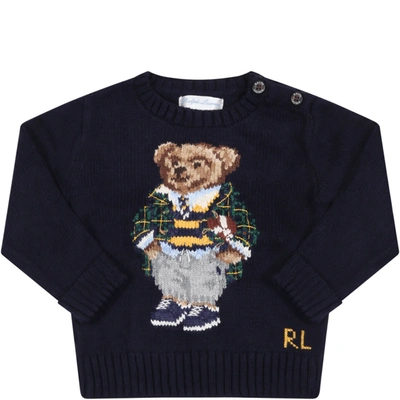 Ralph Lauren Blue Sweater For Baby Boy With Bear And Logo