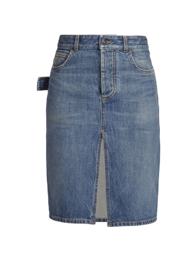 Bottega Veneta Crepe Denim Effect Mni Skirt With Front Slit In Mid Blue