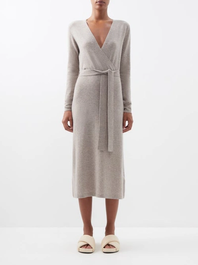 Allude V-neck Wool-blend Midi Wrap Dress In Dark Beige