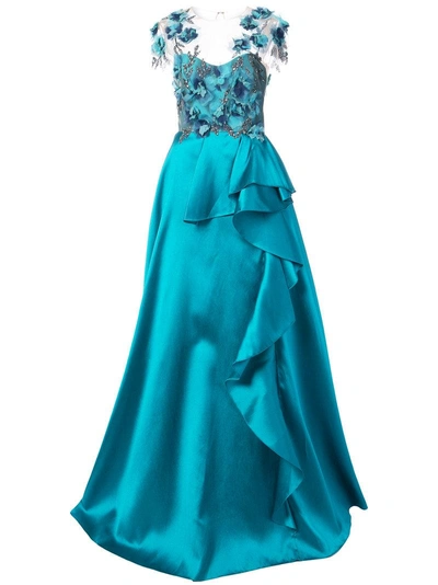 Marchesa Notte Embellished Floral Gown In Blue
