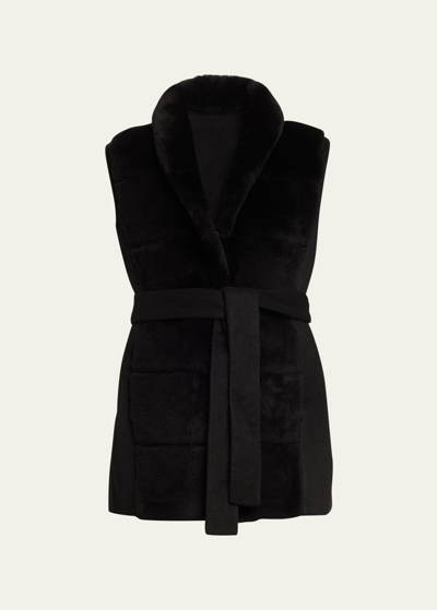 Gorski Shearling Lamb Zip Vest With Quilted Back In Army Green