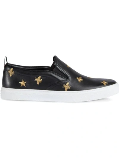Gucci Men's Dublin Bee & Star Embroidered Leather Slip-on Sneakers In Black