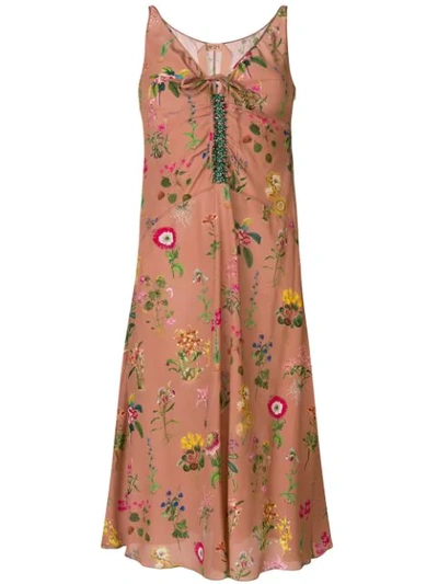 N°21 Floral-print V-neck Silk Midi Dress With Jeweled Embellishment In Neutrals