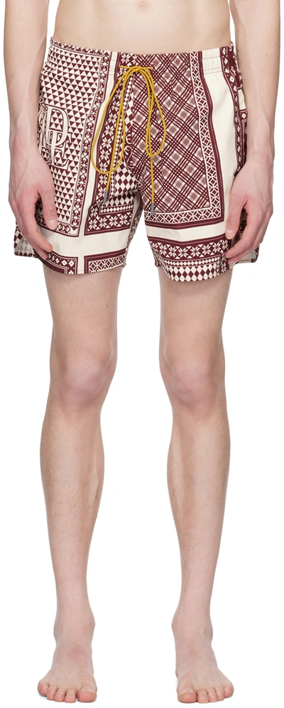 Rhude Red & White Card Print Swim Shorts In Maroon Multi
