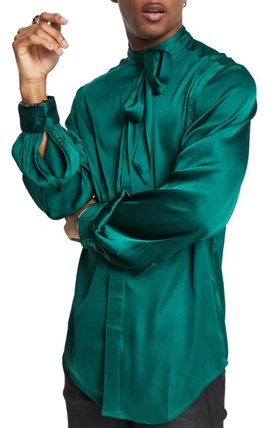 Asos Design Satin Shirt With Tie Neck And Blouson Volume Sleeve In Jewel Green