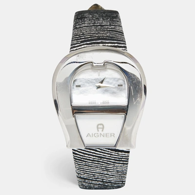 Pre owned Aigner Mother Of Pearl Stainless Steel Leather Venezia