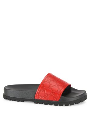 Gucci Men's Pursuit Treck Embossed Leather Slide Sandals In Red | ModeSens