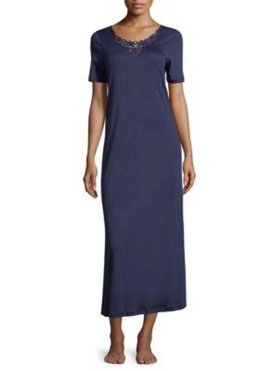 Hanro Jasmin Short-sleeve Nightgown In Crown Blue