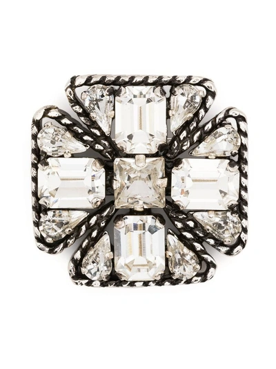 Saint Laurent Cross Crystal And Metal Brooch In Oxidized Silver/crystal
