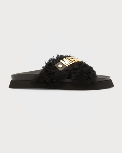 Moschino Men's Faux Fur Logo Leather Slides In 000 Nero