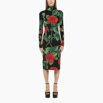 Dolce & Gabbana Black Close-fitting Dress With Roses Print In Red