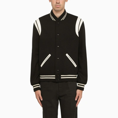 Saint Laurent Black Teddy Varsity Jacket In Multicolor