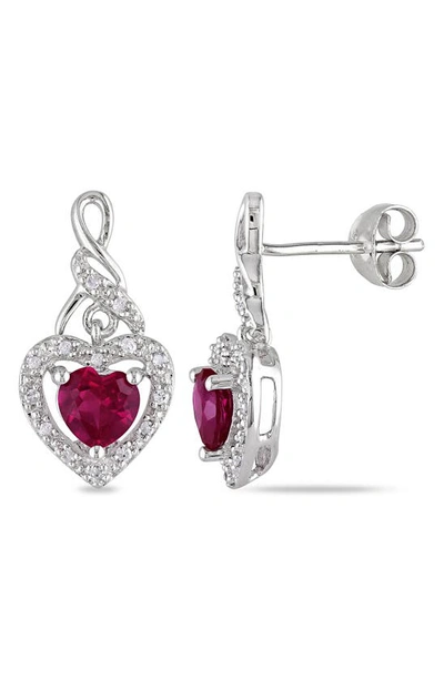Delmar Sterling Silver Lab Created Ruby & Diamond Drop Earrings In Red