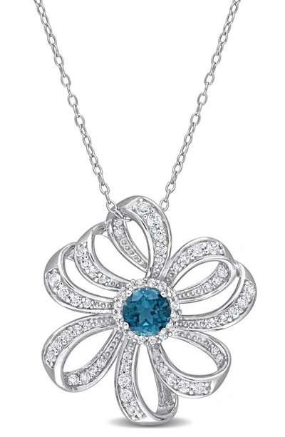 Delmar Sterling Silver Lab Created White & Blue Topaz Flower Pendant Necklace