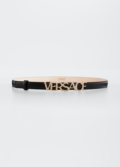 Versace Logo-embellished Skinny Belt In Black / Gold