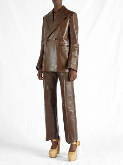 Bottega Veneta Double-breasted Polished Leather Blazer Jacket In Dark Brown