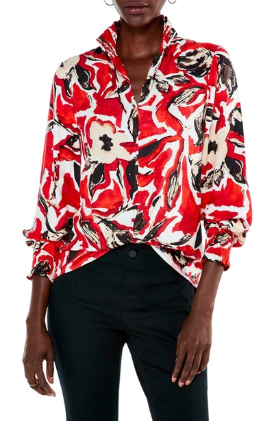 Nic + Zoe Petal Pop Smocked Floral-print Top In Red Multi