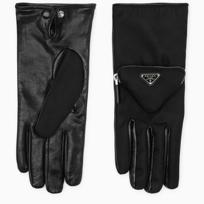 Prada Black Leather And Technical Nylon Gloves