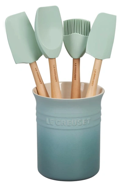 Le Creuset 5-piece Utensil & Stoneware Crock Set In Sea Salt