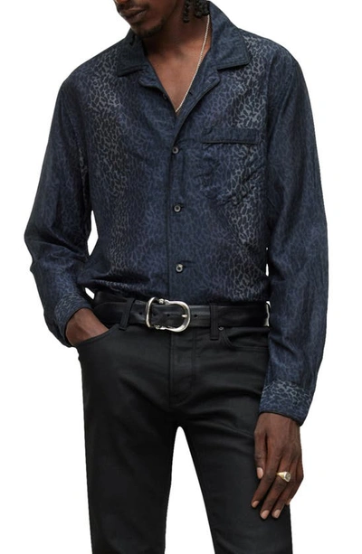 John Varvatos Farron Cotton & Silk Leopard Print Regular Fit Button Down Camp Shirt In Black