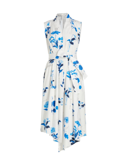 Adam Lippes Floral-print Belted Asymmetric Poplin Midi Dress In Cyan Multi  | ModeSens